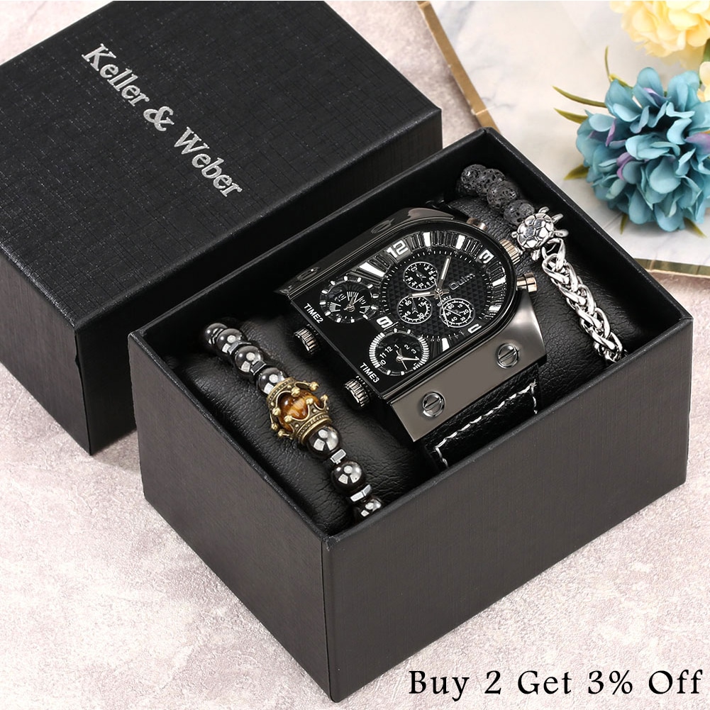 Luxury-4-Pcs-Set-High-End-Man-s-Black-Quartz-Wristwatch-Leather-Strap-2-Bracelets-Men-1 – saadaval Tootemaailm e-kaubamajas