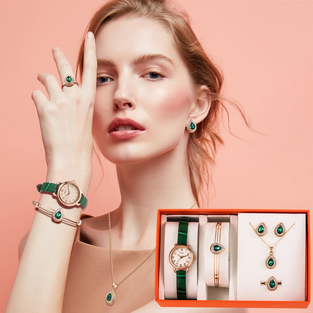Ladies-Green-Watch-Jewelry-Set-with-Box-Leather-Quartz-Watch-for-Women-Emerald-Necklace-Ring-Birthday-1 – saadaval Tootemaailm e-kaubamajas