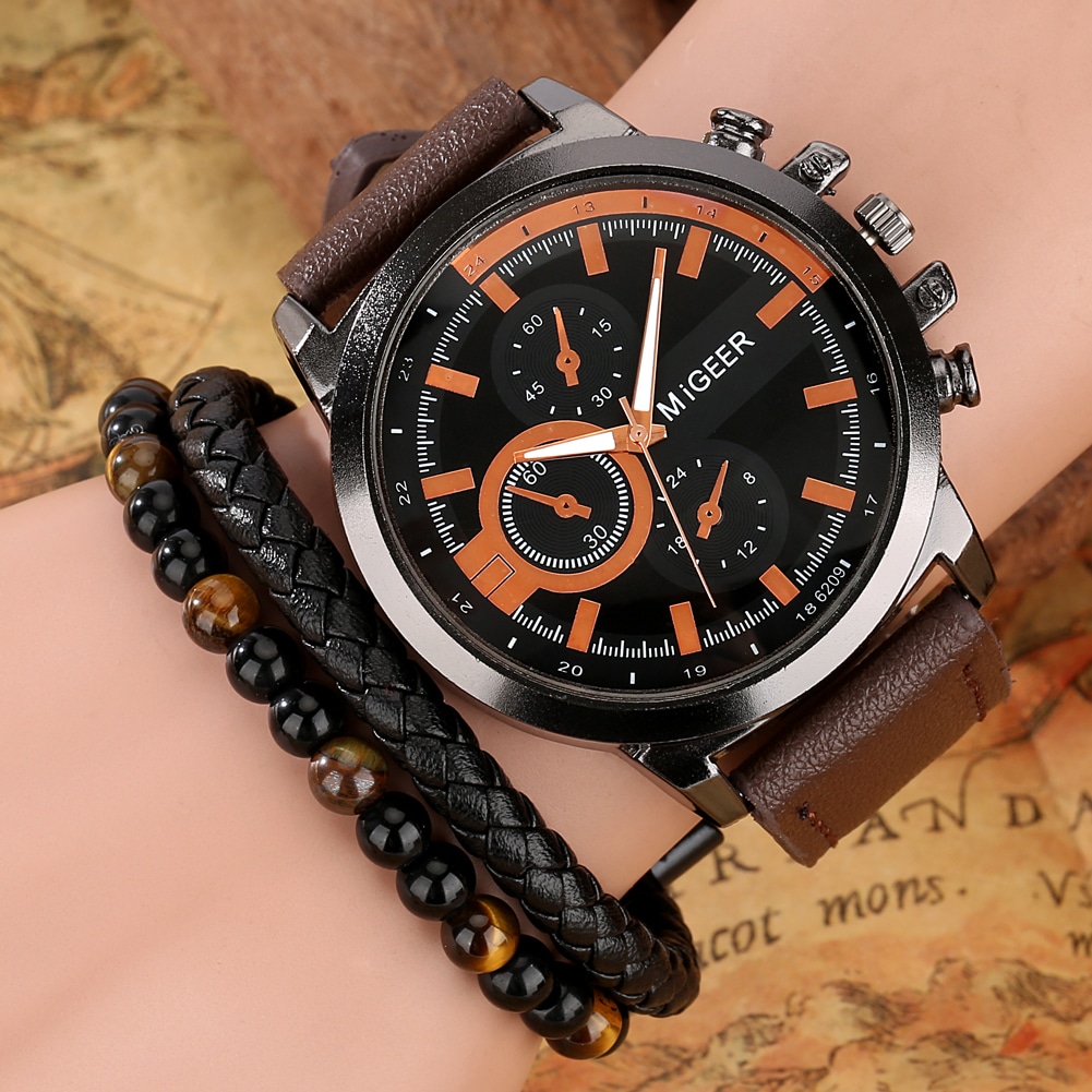 2023-Fashion-Quartz-Watch-for-Men-Brown-Leather-Bead-Braided-Watch-Bracelet-Gifts-Set-Box-for-1 – saadaval Tootemaailm e-kaubamajas